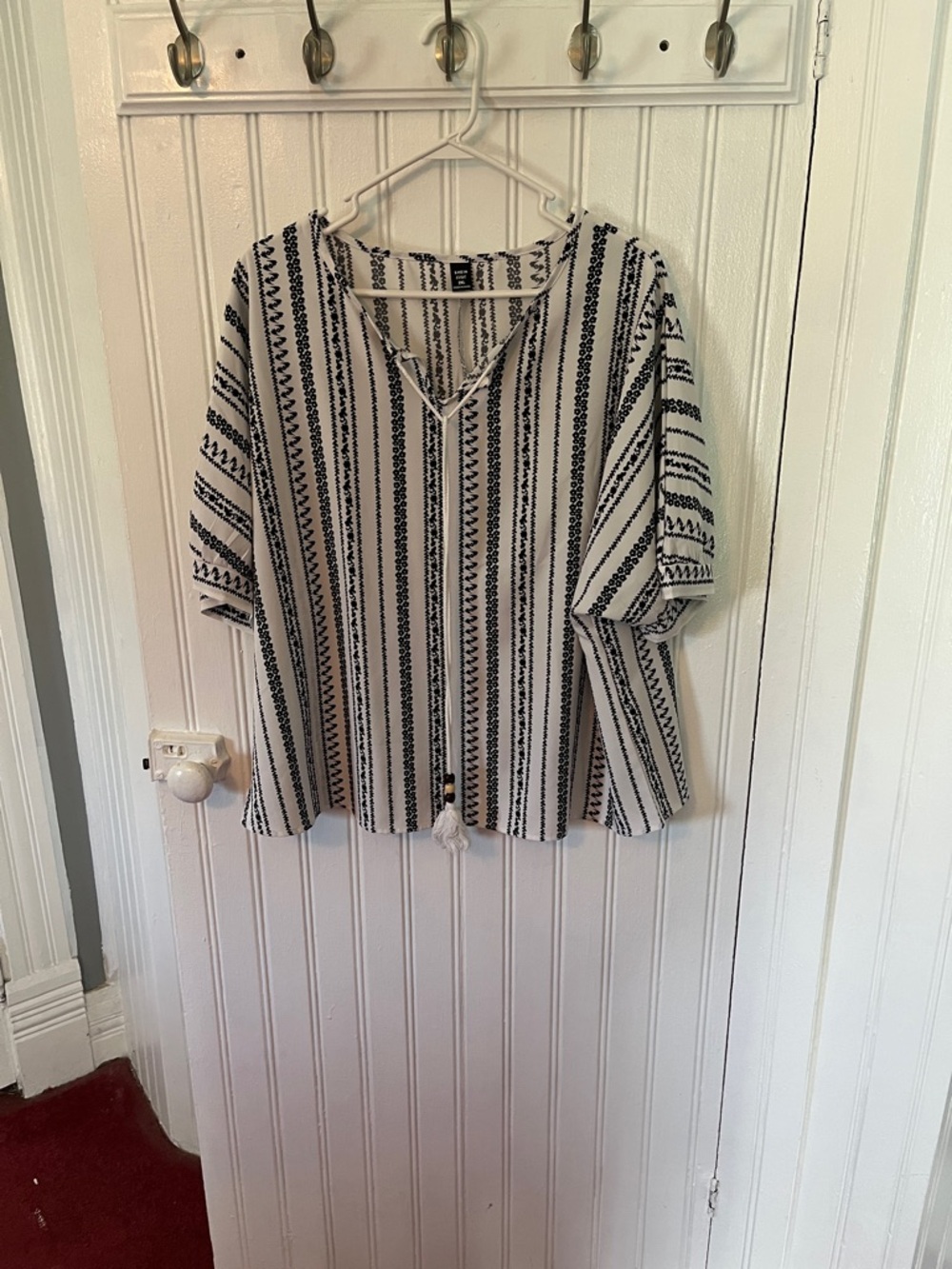 SHEIN Black & White Striped V-Neck Tie-Front Tunic
